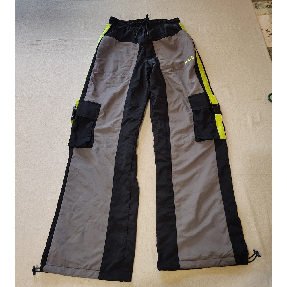 Fila Vintage Colorblock Cargo Track Pants Black Grey Neon Yellow Mens Small X‎